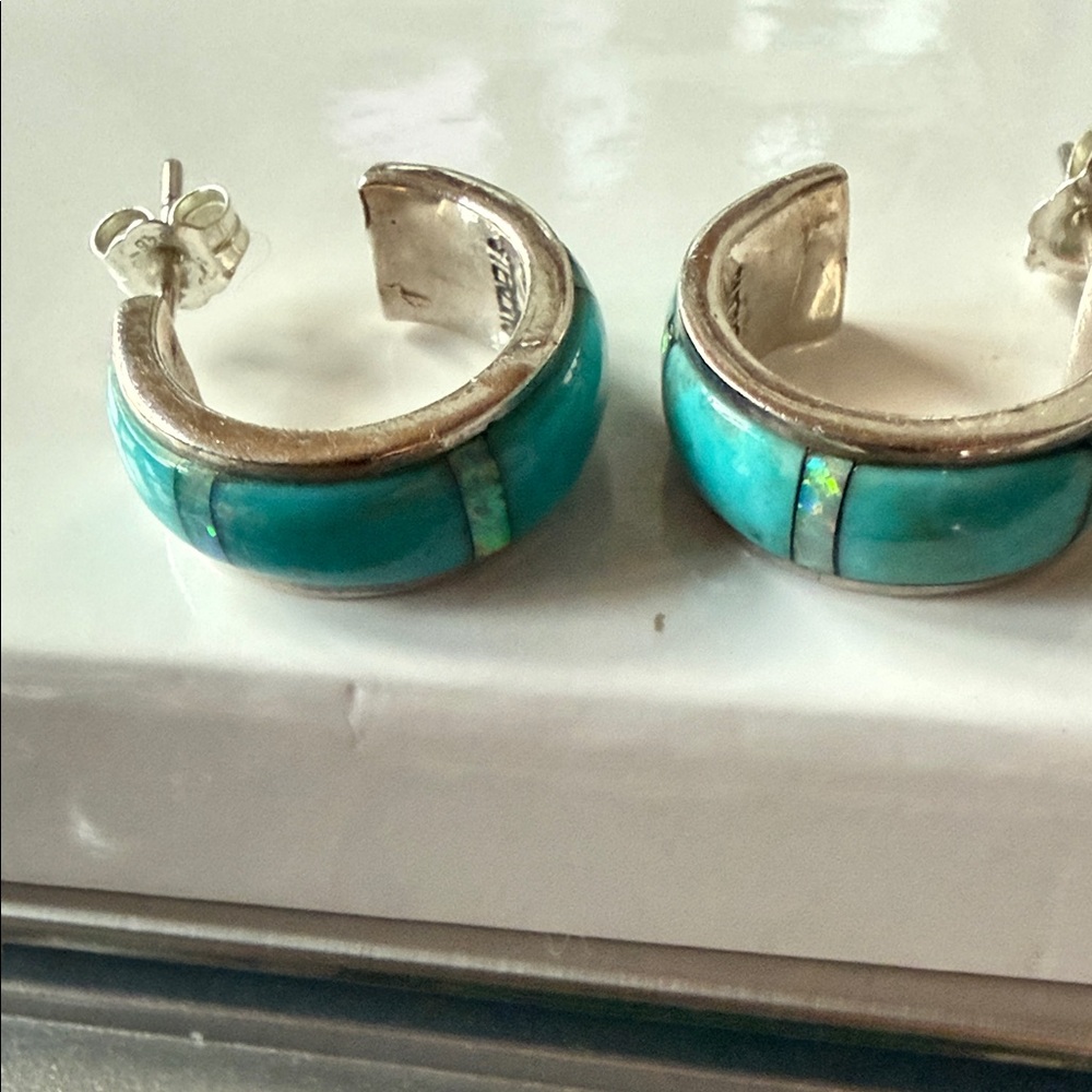 Silver and Turquoise Hoop Earrings - Picture 4 of 7